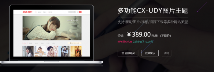 价值389的WordPress多功能图片主题CX-UDY下载 +会员系统，支持<span class='h-light'>博客</span>/图片/视频/资源下载等多种网站类型