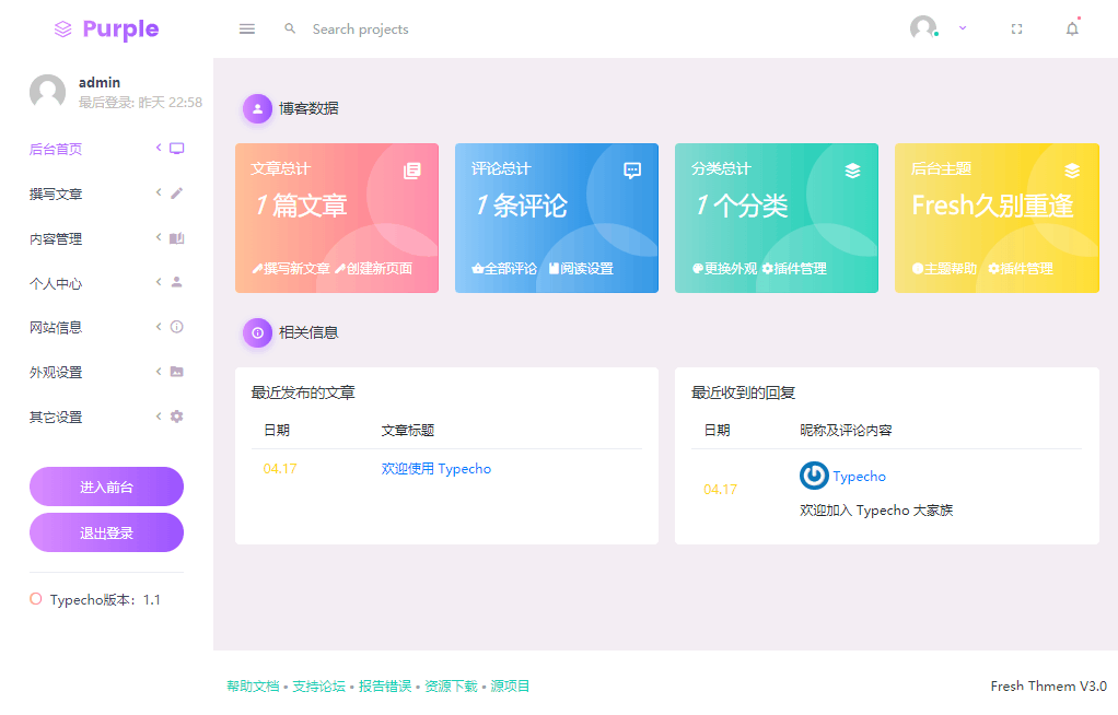 Fresh扁平化自适应typecho后台主题